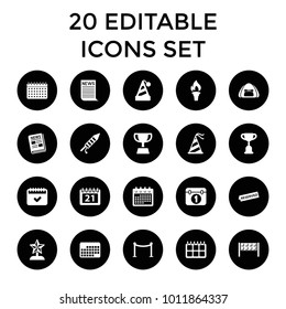 Event icons. set of 20 editable filled event icons such as red carpet barrier, calendar, trophy, party hat, news, fireworks. best quality event elements in trendy style.