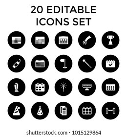 Event icons. set of 20 editable filled event icons such as news, calendar, trophy, party hat, falling star, sparkler, firework. best quality event elements in trendy style.