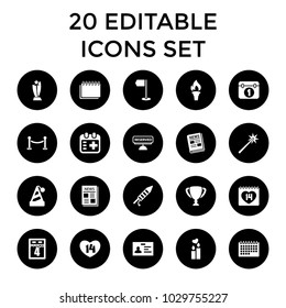 Event icons. set of 20 editable filled event icons such as badge, party hat, 14 date, news, medical appointment, fireworks. best quality event elements in trendy style.