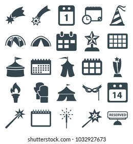 Event icons. set of 25 editable filled event icons such as sparklers, circus, calendar, falling star, party hat, 14 date calendar, sparkler, mask, tent, reserved, torch