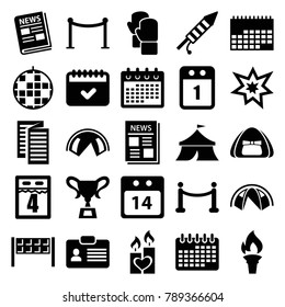 Event Icons. Set Of 25 Editable Filled Event Icons Such As Red Carpet Barrier, Calendar, Disco Ball, Tent, Candle Heart, News, 14 Date Calendar, Fireworks, Red Carpet, Torch