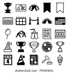 Event icons. set of 25 editable filled and outline event icons such as tent, party hat, trophy, news, red carpet, judo, flag, calendar, 4th date calendar, badge, auction