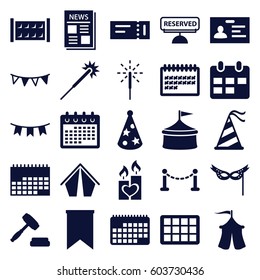 Event icons set. set of 25 event filled icons such as fence, ticket, sparklers, badge, calendar, candle heart, news, party hat, party flag, sparkler, mask, tent, auction