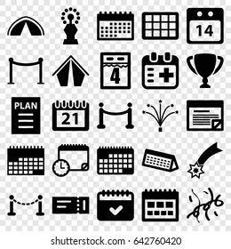 Event icons set. set of 25 event filled icons such as fence, ticket, red carpet barrier, calendar, medical appointment, 14 date calendar, fireworks, confetti, red carpet, plan