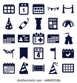 Event icons set. set of 25 event filled icons such as fence, badge, calendar, medical appointment, party hat, party flag, firework, mask, tent, red carpet, flag