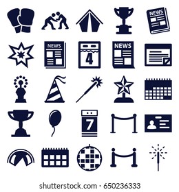 Event icons set. set of 25 event filled icons such as red carpet barrier, sparklers, badge, news, calendar 7 date, party hat, sparkler, fireworks, red carpet, judo, plan
