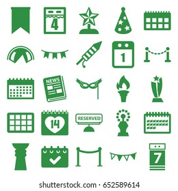 Event icons set. set of 25 event filled icons such as fence, red carpet barrier, calendar, 14 date, calendar 7 date, news, party flag, fireworks, party hat, mask, reserved