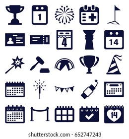 Event icons set. set of 25 event filled icons such as ticket, red carpet barrier, badge, calendar, 14 date, medical appointment, party hat, party flag, 14 date calendar