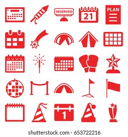 Event icons set. set of 25 event filled icons such as red carpet barrier, calendar, party hat, sparkler, fireworks, reserved, flag, plan, tent, trophy, star trophy