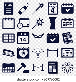 Event icons set. set of 25 event filled icons such as fence, red carpet barrier, sparklers, calendar, 14 date, news, 14 date calendar, firework, fireworks, mask, auction, plan