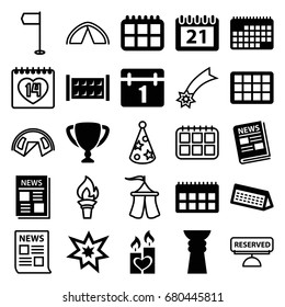 Event icons set. set of 25 event filled and outline icons such as fence, calendar, candle heart, news, fireworks, trophy, 14 date, party hat, tent, reserved, torch