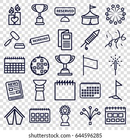 Event icons set. set of 25 event outline icons such as news, candle heart, sparkler, fireworks, confetti, auction, reserved, calendar, flag, trophy, tent, disco ball