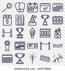 Event icons set. set of 25 event outline icons such as ticket, red carpet barrier, calendar, candle heart, news, party flag, sparkler, confetti, red carpet, 1st day calendar