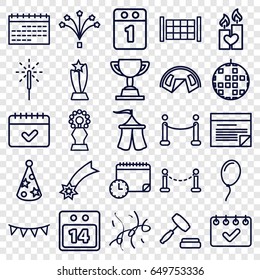 Event icons set. set of 25 event outline icons such as fence, calendar, candle heart, party flag, 14 date calendar, sparkler, fireworks, party hat, confetti, tent, auction