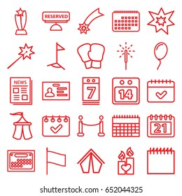 Event icons set. set of 25 event outline icons such as badge, calendar, candle heart, news, calendar 7 date, 14 date calendar, sparkler, fireworks, tent, reserved, red carpet