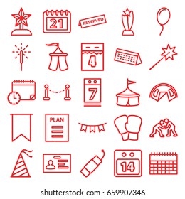 Event icons set. set of 25 event outline icons such as fence, badge, calendar, calendar 7 date, party hat, party flag, sparkler, firework, tent, reserved, flag, plan, balloon