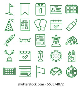 Event icons set. set of 25 event outline icons such as fence, badge, calendar, candle heart, news, party hat, party flag, fireworks, flag, plan, 1st day calendar
