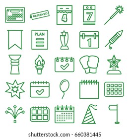 Event icons set. set of 25 event outline icons such as sparklers, calendar, calendar 7 date, party hat, fireworks, reserved, flag, plan, balloon, 4th date calendar, torch