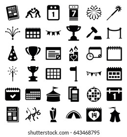 Event icons set. set of 36 event filled icons such as red carpet barrier, sparklers, news, calendar, 14 date, candle heart, calendar 7 date, party flag, sparkler, fireworks