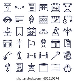 Event icons set. set of 36 event outline icons such as fence, sparklers, news, calendar, candle heart, medical appointment, party flag, sparkler, fireworks, red carpet, flag