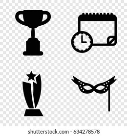 Event icons set. set of 4 event filled icons such as mask, calendar with clock