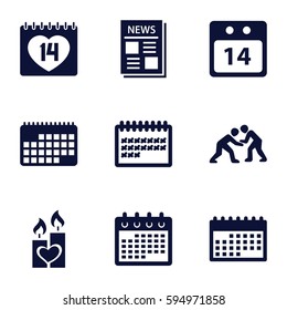 event icons set. Set of 9 event filled icons such as calendar, 14 date, candle heart, news, 14 date calendar