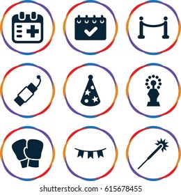 Event icons set. set of 9 event filled icons such as sparklers, medical appointment, party flag, firework, party hat, red carpet, calendar, trophy