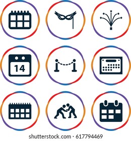 Event icons set. set of 9 event filled icons such as fence, 14 date calendar, fireworks, mask, judo