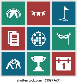 Event icons set. set of 9 event filled icons such as news, calendar, party flag, mask, flag, judo, trophy, disco ball