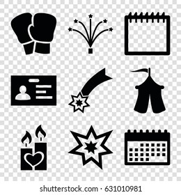 Event icons set. set of 9 event filled icons such as badge, candle heart, fireworks, tent, calendar, falling star