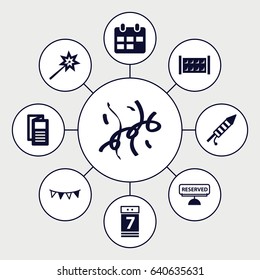 Event icons set. set of 9 event filled icons such as fence, news, calendar 7 date, party flag, fireworks, confetti, reserved, calendar