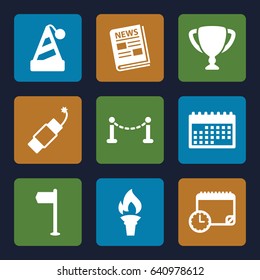 Event icons set. set of 9 event filled icons such as fence, news, firework, torch, calendar with clock, calendar, trophy, party hat