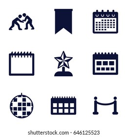 Event icons set. set of 9 event filled icons such as calendar, red carpet, judo, flag, star trophy