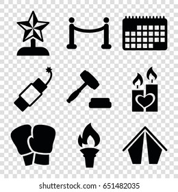 Event icons set. set of 9 event filled icons such as candle heart, firework, auction, red carpet, torch, calendar, star trophy, tent