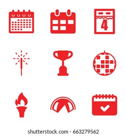 Event icons set. set of 9 event filled icons such as calendar, sparkler, torch, 4th date calendar, disco ball, tent