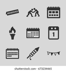 Event icons set. set of 9 event filled icons such as calendar, party flag, fireworks, reserved, torch, judo