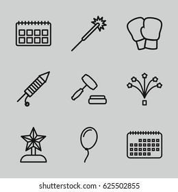 Event icons set. set of 9 event outline icons such as sparklers, fireworks, auction, balloon, calendar, star trophy