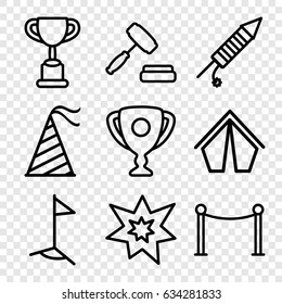 Event icons set. set of 9 event outline icons such as red carpet barrier, party hat, fireworks, auction, flag, trophy