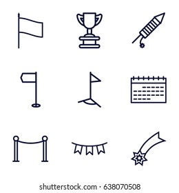 Event icons set. set of 9 event outline icons such as red carpet barrier, party flag, fireworks, flag, falling star, trophy