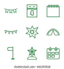 Event icons set. set of 9 event outline icons such as party flag, fireworks, tent, calendar, 4th date calendar, star trophy