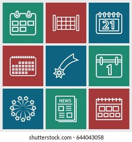 Event icons set. set of 9 event outline icons such as fence, calendar, news, fireworks