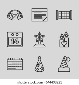 Event icons set. set of 9 event outline icons such as fence, candle heart, 14 date calendar, party hat, plan, star trophy, tent