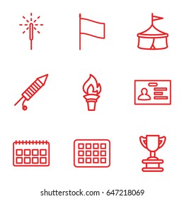 Event icons set. set of 9 event outline icons such as badge, sparkler, fireworks, calendar, flag, torch, circus