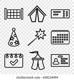 Event icons set. set of 9 event outline icons such as fence, ticket, badge, party hat, tent, calendar