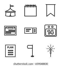 Event icons set. set of 9 event outline icons such as ticket, 14 date calendar, sparkler, flag, plan, calendar