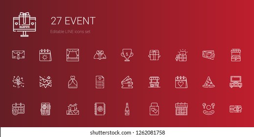 event icons set. Collection of event with calendar, wedding gift, champagne, agenda, gifts, news, food stand, tickets, wedding planning, wedding dress. Editable and scalable event icons.
