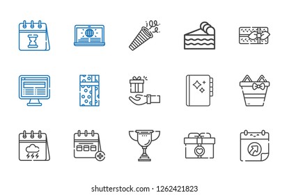event icons set. Collection of event with calendar, gift, trophy, gifts, agenda, news, piece of cake, confetti. Editable and scalable event icons.