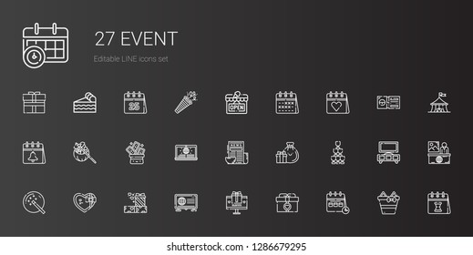 event icons set. Collection of event with calendar, gift, news, gifts, magic wand, champagne, trick, open, stand, circus, ticket, confetti. Editable and scalable event icons.