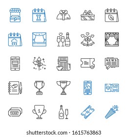 event icons set. Collection of event with confetti, ticket, champagne, trophy, tickets, news, guests book, fireworks, stage, wedding bells. Editable and scalable event icons.