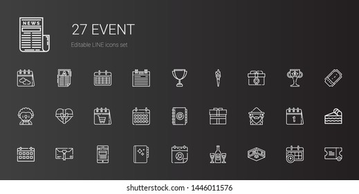 event icons set. Collection of event with exhibition, champagne, calendar, agenda, news, gift, wizard, clown, torch, trophy, ticket, piece of cake. Editable and scalable event icons.